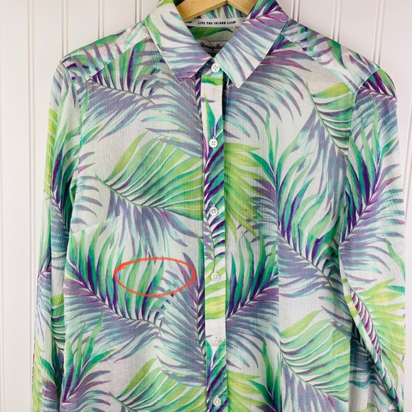 Tommy Bahama Tropical Cotton Long Sleeve Sheer Top Green Purple - Picture 7 of 8